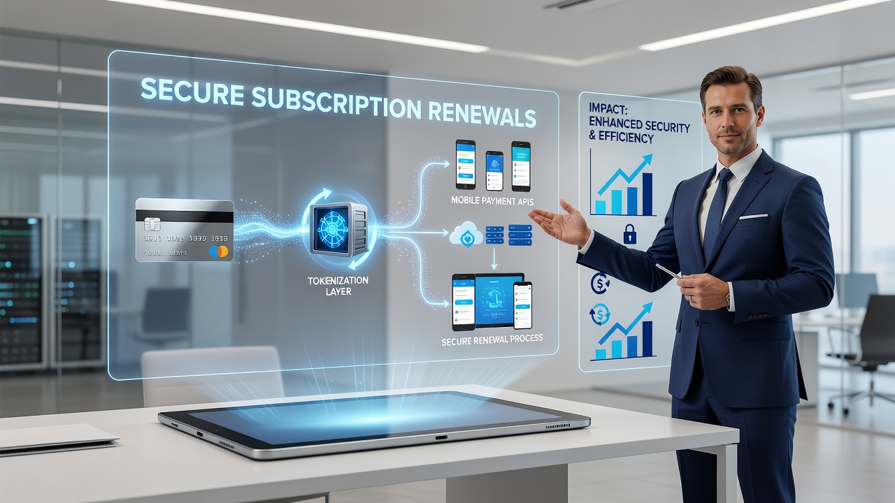 Diagram showing token flow between mobile device, API gateway, and token vault during subscription renewal