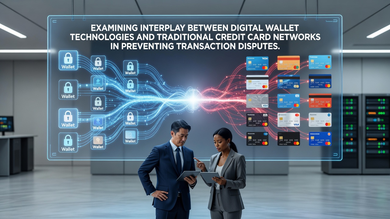 Digital wallet interface showing secure transaction verification alongside traditional credit card network processing flow