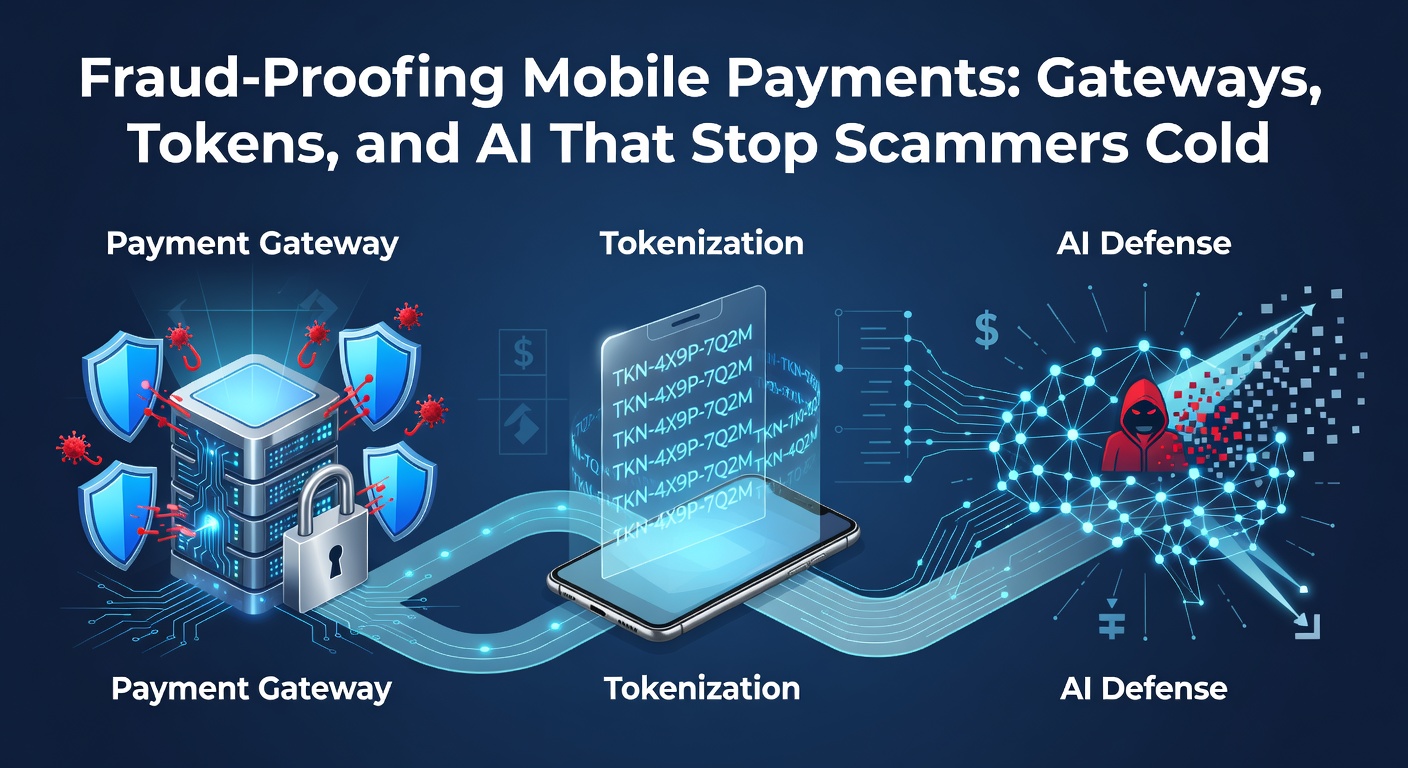 Digital shield protecting a mobile phone during a payment transaction, symbolizing fraud prevention layers