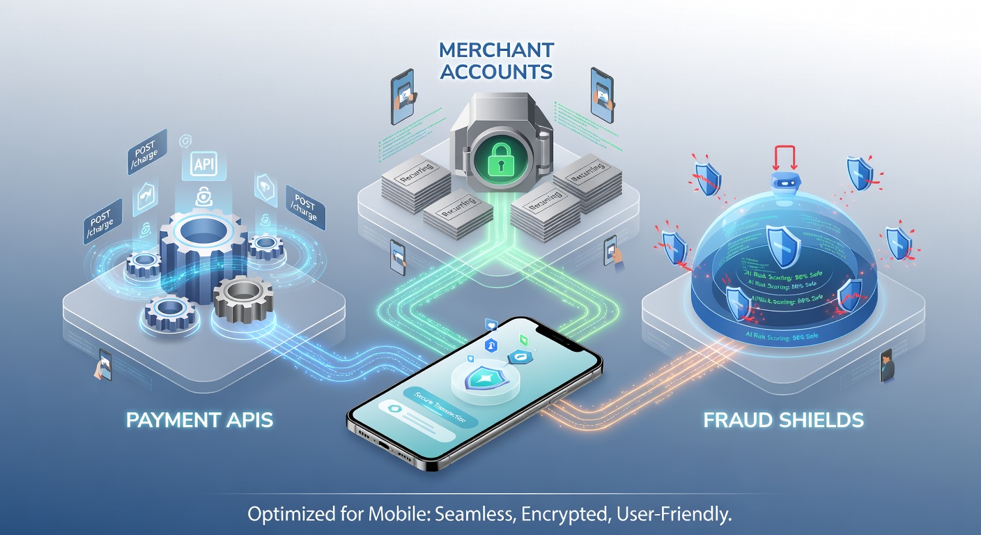 Diagram showing secure recurring billing flow with payment APIs and merchant accounts