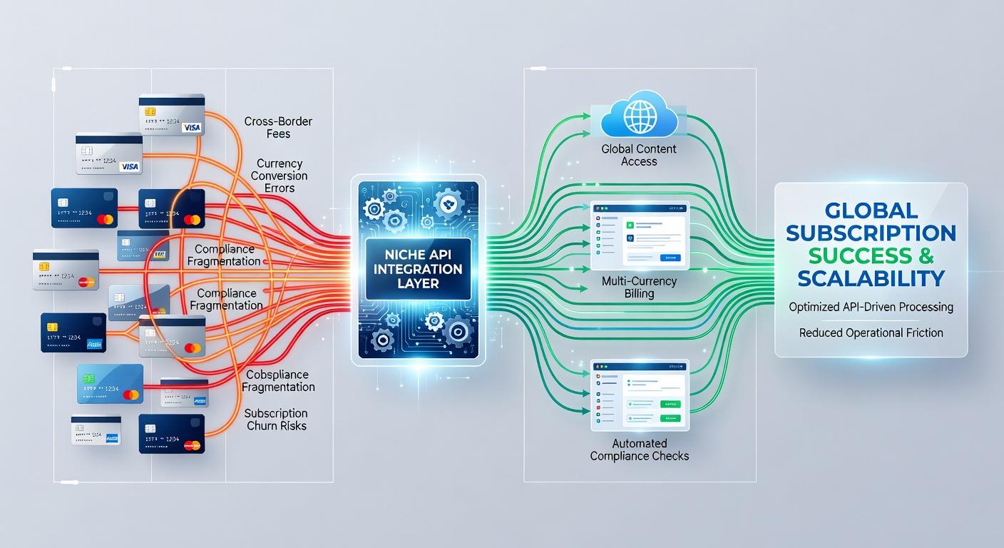 Technical diagram showing API connections between subscription platforms and regional payment processors