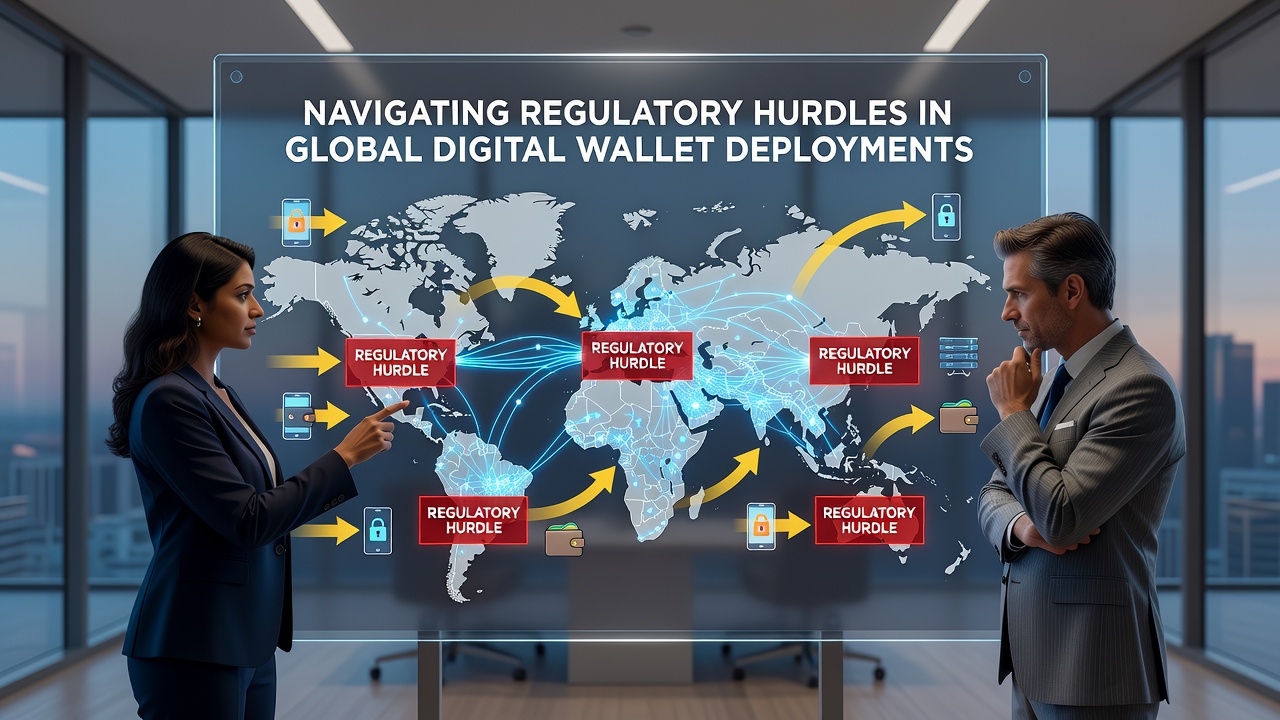 Digital wallet interface showing global transaction map with regulatory icons overlaid on various countries