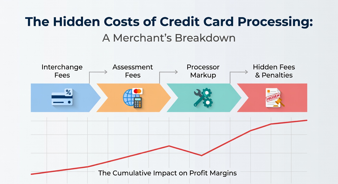 A merchant reviewing detailed credit card processing statements at a desk cluttered with receipts and calculators, highlighting the complexity of hidden fees