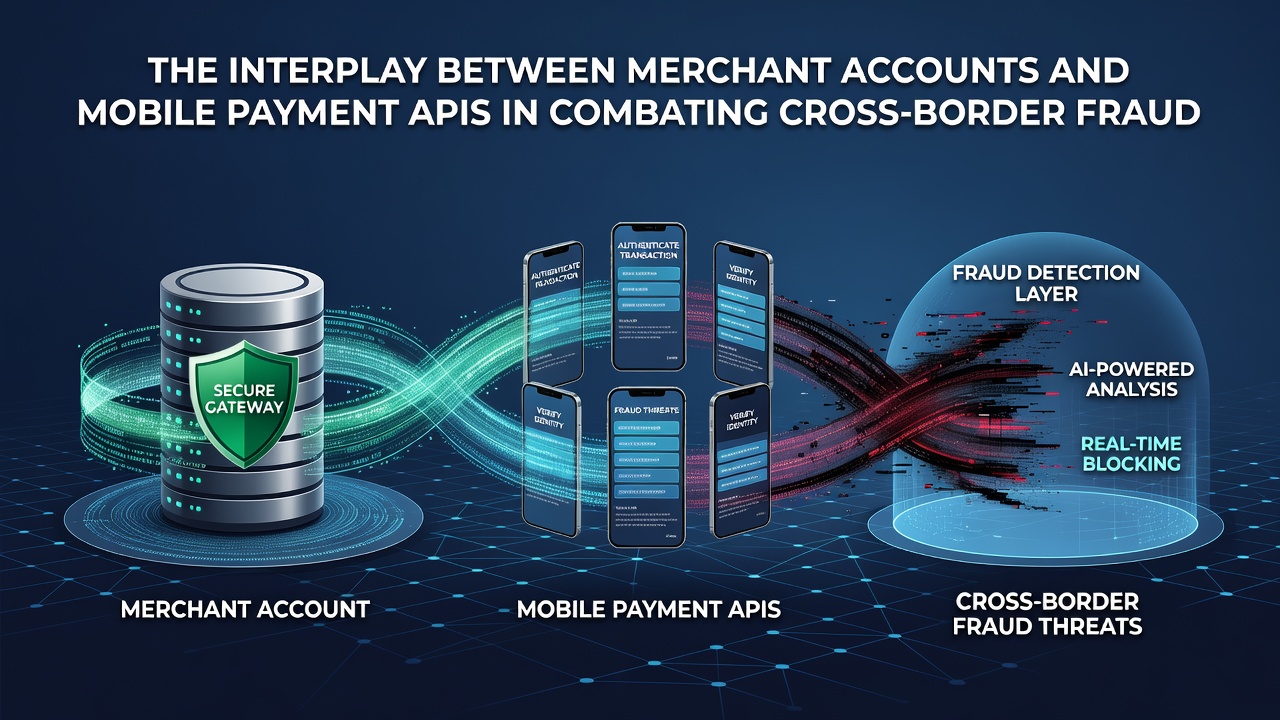 Illustration of merchant account systems connecting with mobile payment APIs across international borders
