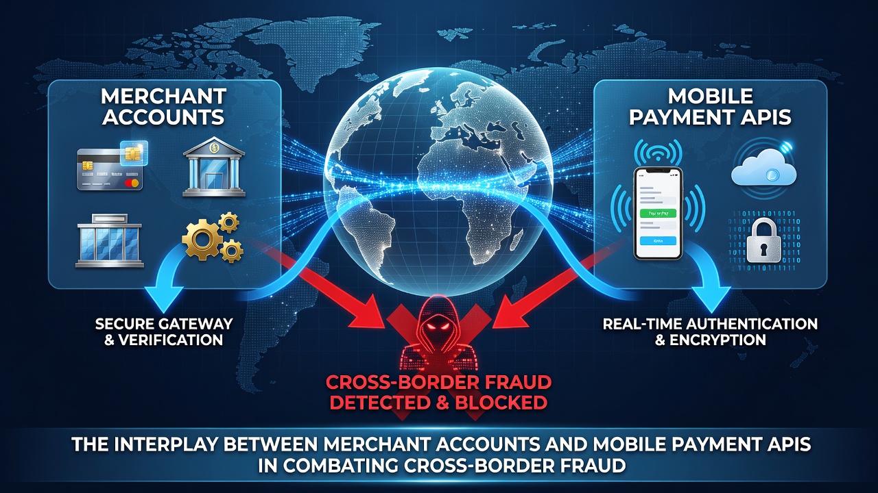 Diagram showing data flow between merchant accounts, mobile APIs, and fraud detection modules