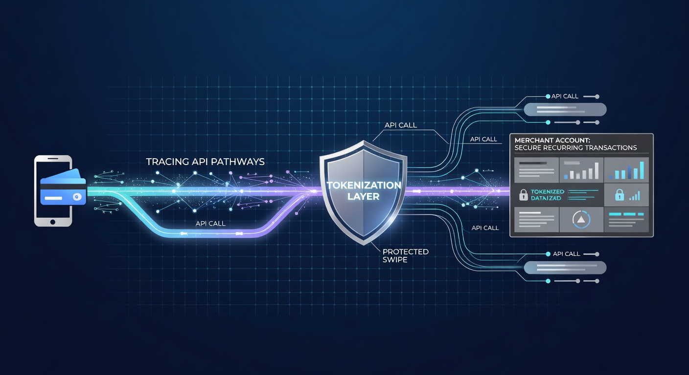 Illustration of tokenization process in digital wallets showing secure API pathways for recurring payments