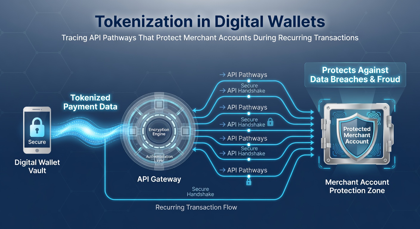 Diagram tracing API calls between digital wallet, token provider, and merchant gateway for subscription payments