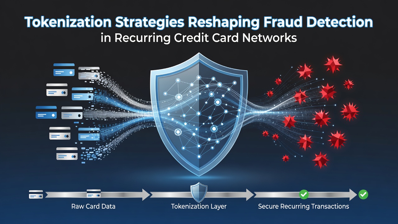Diagram showing tokenization flow in recurring credit card networks with fraud detection layers