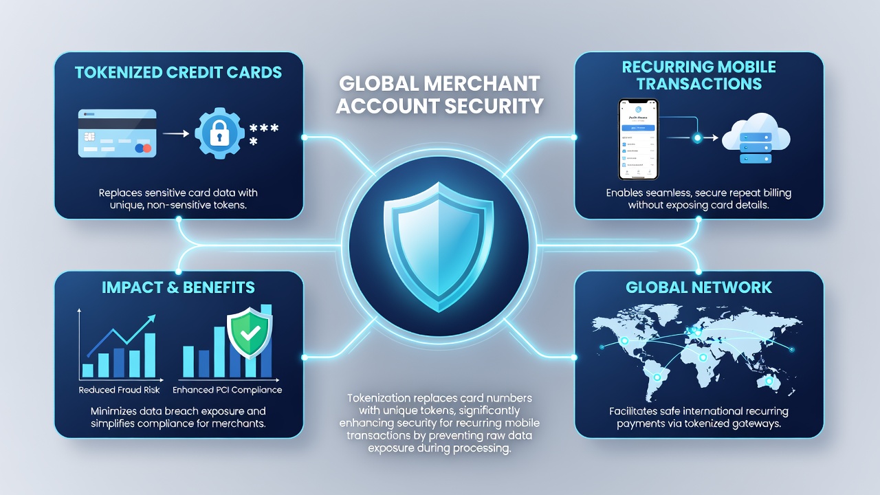 Global map overlay showing tokenized transaction flows protecting merchant accounts in recurring mobile payment networks