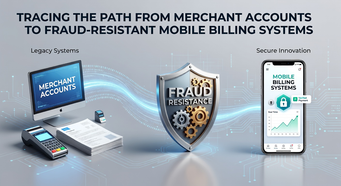 Timeline graphic showing progression from traditional merchant accounts to modern mobile billing systems with security layers